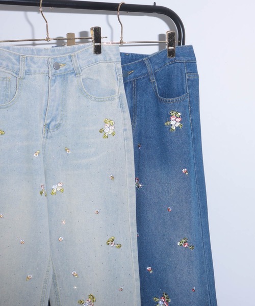 セール】ジルコン×花刺繍 デニムロングパンツ（デニムパンツ