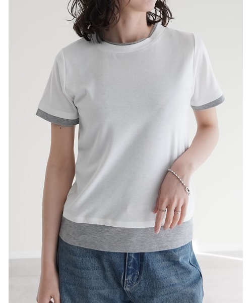 Re:EDIT(リエディ)の「レイヤード風シアースムース半袖トップス(Tシャツ/カットソー・レディース・ホワイト系その他/グレー系その他2/グレー系その他3/ブラック系その他/グレー系その他/ブラウン系その他・MEDIUM/LARGE)」の1枚目の写真