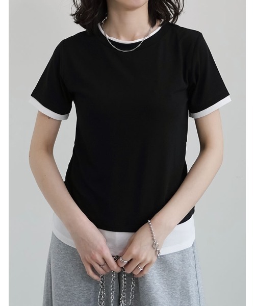 Re:EDIT(リエディ)の「レイヤード風シアースムース半袖トップス(Tシャツ/カットソー・レディース・ホワイト系その他/グレー系その他2/グレー系その他3/ブラック系その他/グレー系その他/ブラウン系その他・MEDIUM/LARGE)」の2枚目の写真