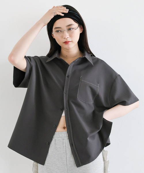 RAGEBLUE(レイジブルー)の「<セットアップ対応>TRステッチルーズシャツSS(シャツ/ブラウス・レディース・ネイビー/グレー・FREE)」の7枚目の写真