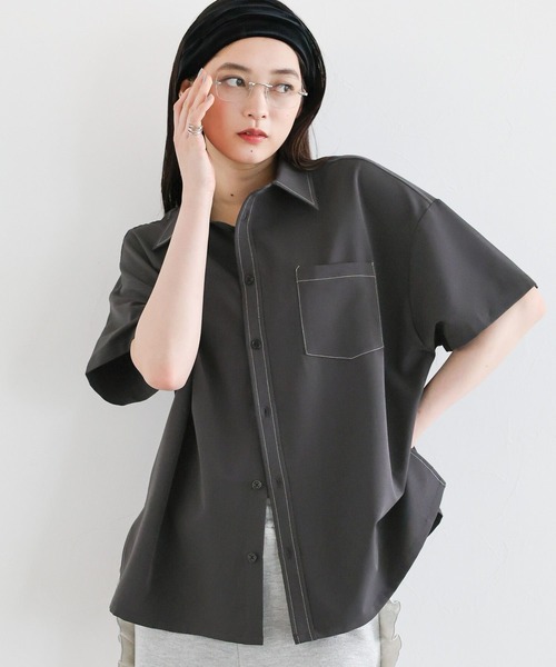 RAGEBLUE(レイジブルー)の「<セットアップ対応>TRステッチルーズシャツSS(シャツ/ブラウス・レディース・ネイビー/グレー・FREE)」の22枚目の写真