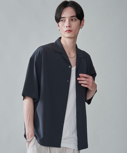 BROWNY(ブラウニー)の「BROWNY/クレープオープンカラーシャツ(シャツ/ブラウス・メンズ・チャコール/ライトグレー/ブルー・MEDIUM/LARGE)」の1枚目の写真