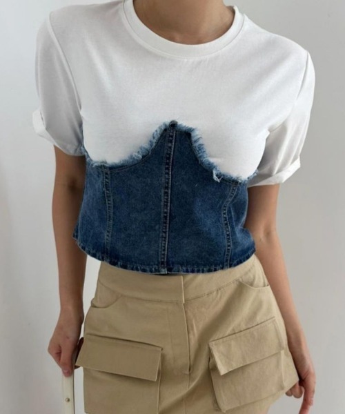 早い者勝ち 完売品【新品】UN3D デニムディテールドッキングTシャツ 36 DENIM DETAIL DOCKING SK【セットアップ着用可能