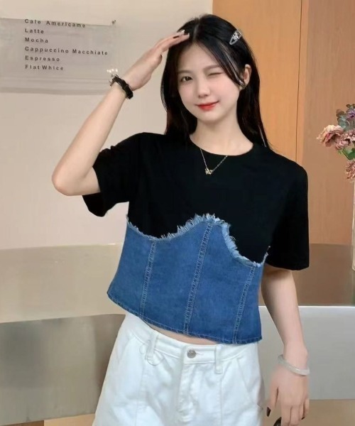 セール】デニムドッキングトップス（Tシャツ/カットソー）｜LETee