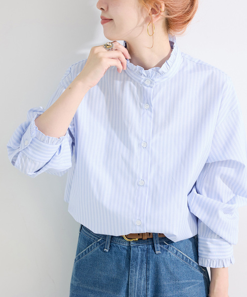 B.C STOCK（ベーセーストック）の「《追加3》手洗い可 / スタンドフリルブラウス（シャツ/ブラウス・レディース・サックスブルー/ネイビー/ブラック系その他/ホワイト・FREE）」の4枚目の写真