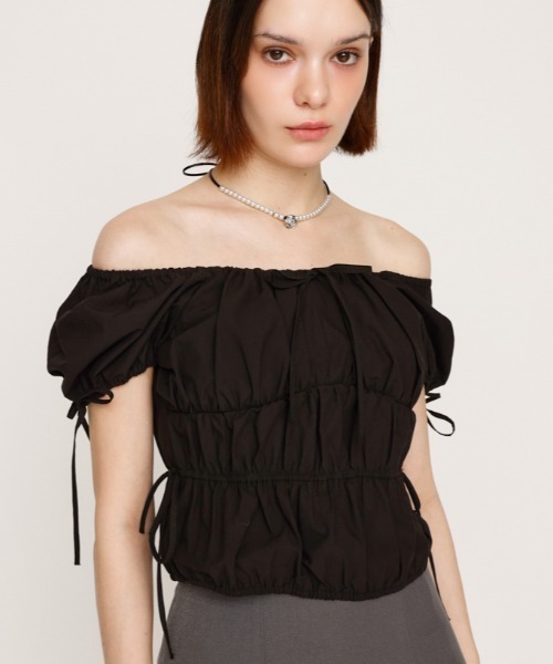 SLY（スライ）の「GATHER RIBBON BL ギャザー リボン ブラウス 半袖 夏服（シャツ/ブラウス・レディース・オフホワイト/ブラック/ライトブルー・FREE）」の3枚目の写真