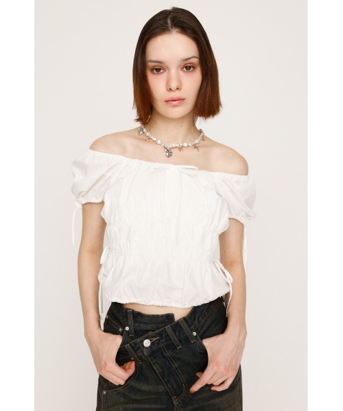 SLY（スライ）の「GATHER RIBBON BL ギャザー リボン ブラウス 半袖 夏服（シャツ/ブラウス・レディース・オフホワイト/ブラック/ライトブルー・FREE）」の4枚目の写真