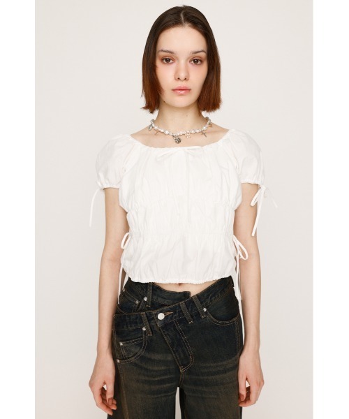 SLY（スライ）の「GATHER RIBBON BL ギャザー リボン ブラウス 半袖 夏服（シャツ/ブラウス・レディース・オフホワイト/ブラック/ライトブルー・FREE）」の6枚目の写真