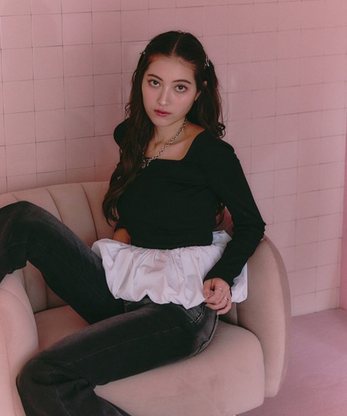 BLONDEY（ブロンディ）の「バックオープンリボンバルーンペプラム（Tシャツ/カットソー・レディース・ブラック/アイボリー・FREE）」の3枚目の写真