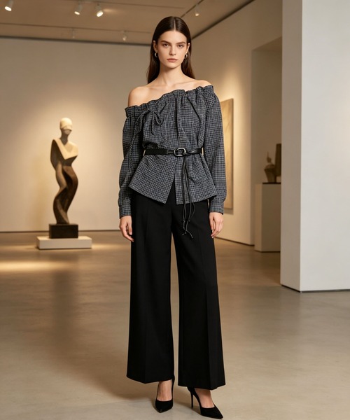 gossip！ロサンゼルス（ゴシップロサンゼルス）の「前後2way オフショルチェックパターントップス（シャツ/ブラウス・レディース・ブラウン/ネイビー・XL/L/M/S）」の2枚目の写真