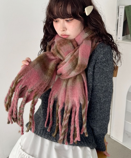 セール】ボリュームフリンジチェックマフラー（マフラー）｜SOLLON