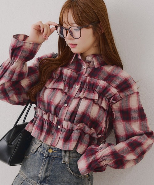 Another Branch olive des olive(アナザーブランチオリーブデオリーブ)の「胸リボンチェックシャツ(シャツ/ブラウス・レディース・ブルー/オフホワイト/スミクロ/ボルドー/アイボリー/ブラック・FREE)」の6枚目の写真