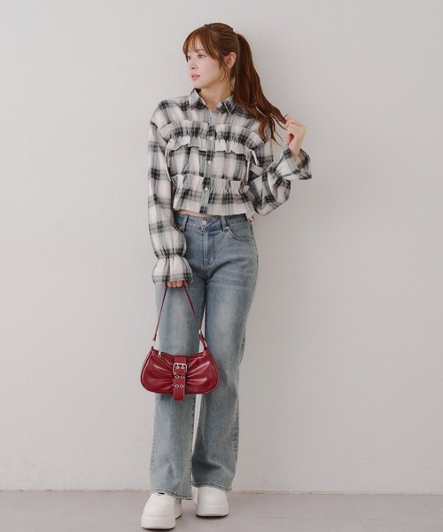 Another Branch olive des olive(アナザーブランチオリーブデオリーブ)の「胸リボンチェックシャツ(シャツ/ブラウス・レディース・ブルー/オフホワイト/スミクロ/ボルドー/アイボリー/ブラック・FREE)」の10枚目の写真