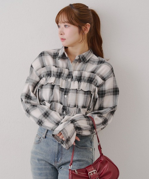 Another Branch olive des olive(アナザーブランチオリーブデオリーブ)の「胸リボンチェックシャツ(シャツ/ブラウス・レディース・ブルー/オフホワイト/スミクロ/ボルドー/アイボリー/ブラック・FREE)」の7枚目の写真