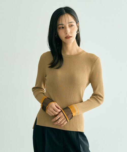 YECCA VECCA（イェッカヴェッカ）の「袖口シアーリブニット（ニット/セーター・レディース・ベージュ/ライトグリーン/ライトベージュ/ブラック・FREE）」の6枚目の写真