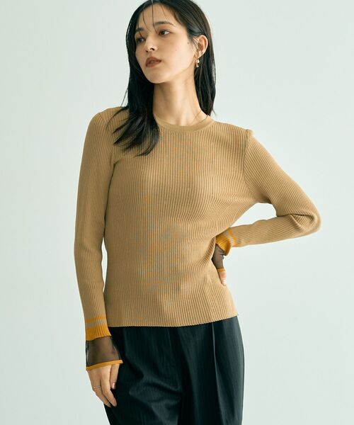 YECCA VECCA（イェッカヴェッカ）の「袖口シアーリブニット（ニット/セーター・レディース・ベージュ/ライトグリーン/ライトベージュ/ブラック・FREE）」の5枚目の写真