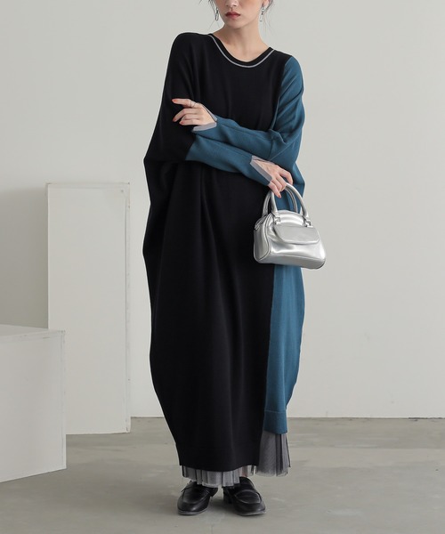 n'OrLABEL（ノアールレーベル）の「『配色アシメニットドルマンワンピース』（ワンピース・レディース・ブラック/チャコール・FREE）」の2枚目の写真