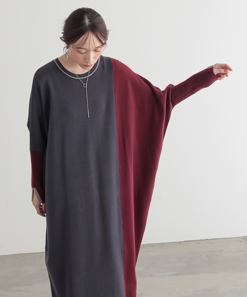 n'OrLABEL（ノアールレーベル）の「『配色アシメニットドルマンワンピース』（ワンピース・レディース・ブラック/チャコール・FREE）」の4枚目の写真