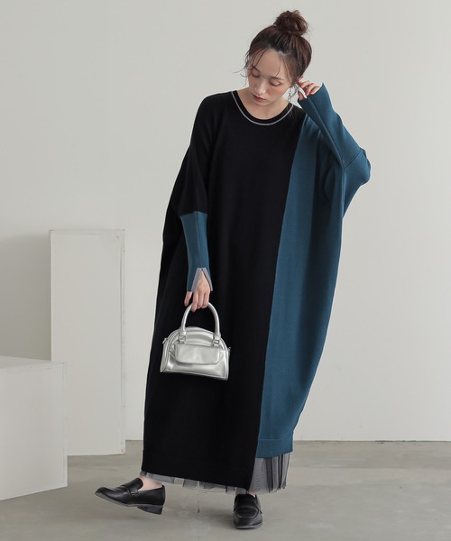 n'OrLABEL（ノアールレーベル）の「『配色アシメニットドルマンワンピース』（ワンピース・レディース・ブラック/チャコール・FREE）」の5枚目の写真