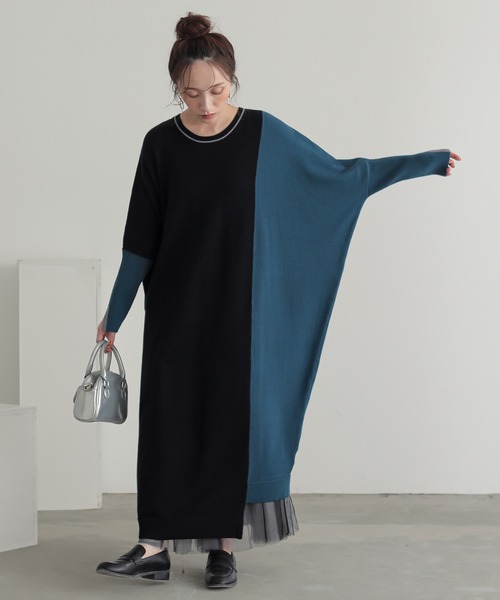 n'OrLABEL（ノアールレーベル）の「『配色アシメニットドルマンワンピース』（ワンピース・レディース・ブラック/チャコール・FREE）」の6枚目の写真