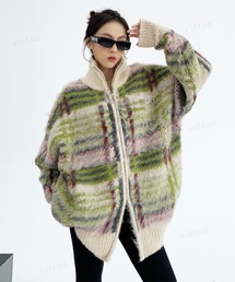 韓国ファッション モヘア調チェックダブルジップアップニット