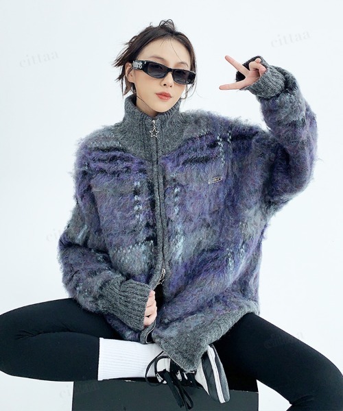 韓国ファッション モヘア調チェックダブルジップアップニット（ニット