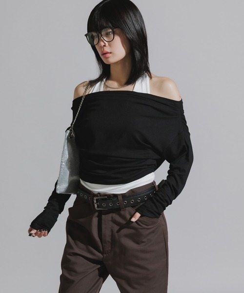 Chick（チック）の「Faux Layered Off-Shoulder Tops / フェイクレイヤード  オフショルダートップス（Tシャツ/カットソー・レディース・ブラック/ブラウン/グレー・FREE）」の7枚目の写真