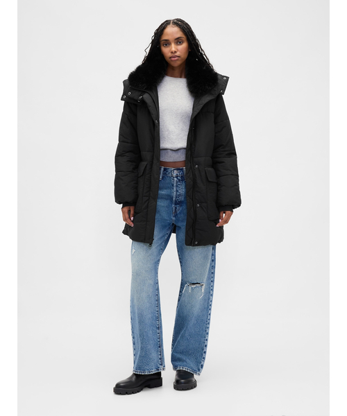 フェイクファートリミング ミディ パファージャケット（ダウン