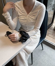 Reurie' | ギャザーカーディガン(ayaka select)　春 秋 冬 カットソー Vネック ギャザー クロップド丈 コンパクト シンプル(カーディガン/ボレロ)