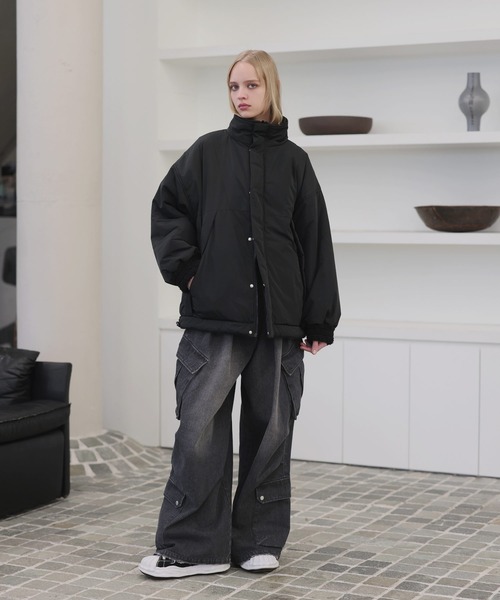 ダブルジップ比翼デザイン裏ボアリバーシブル中綿ブルゾン（ブルゾン