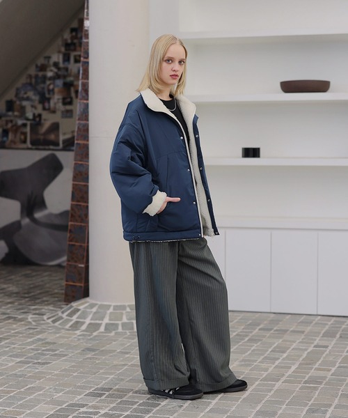 ダブルジップ比翼デザイン裏ボアリバーシブル中綿ブルゾン（ブルゾン