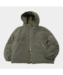 Check Volume Hooded Overfit Two-Way String Padded Jumper [Khaki]