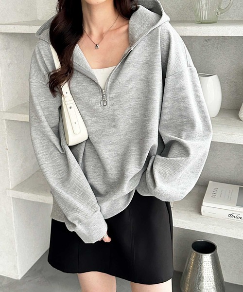 GeeRA(ジーラ)の「ハーフジップワッフルパーカー(パーカー・レディース・ネイビー/ライトピンク/杢グレー・X-LARGE/LARGE/MEDIUM)」の3枚目の写真