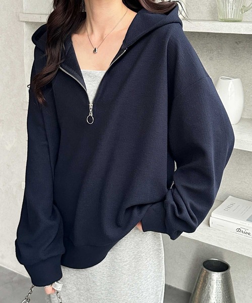 GeeRA(ジーラ)の「ハーフジップワッフルパーカー(パーカー・レディース・ネイビー/ライトピンク/杢グレー・X-LARGE/LARGE/MEDIUM)」の1枚目の写真