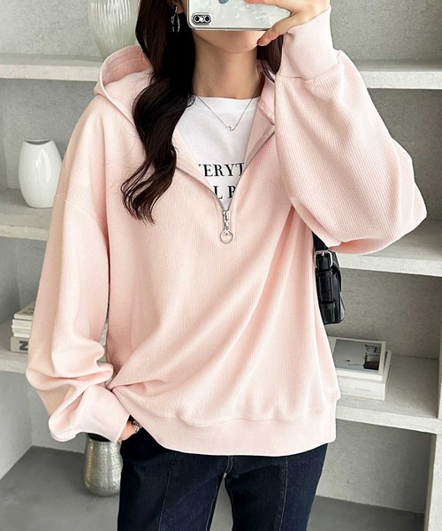 GeeRA(ジーラ)の「ハーフジップワッフルパーカー(パーカー・レディース・ネイビー/ライトピンク/杢グレー・X-LARGE/LARGE/MEDIUM)」の2枚目の写真
