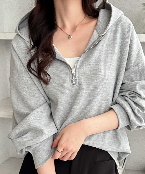 GeeRA(ジーラ)の「ハーフジップワッフルパーカー(パーカー・レディース・ネイビー/ライトピンク/杢グレー・X-LARGE/LARGE/MEDIUM)」の4枚目の写真