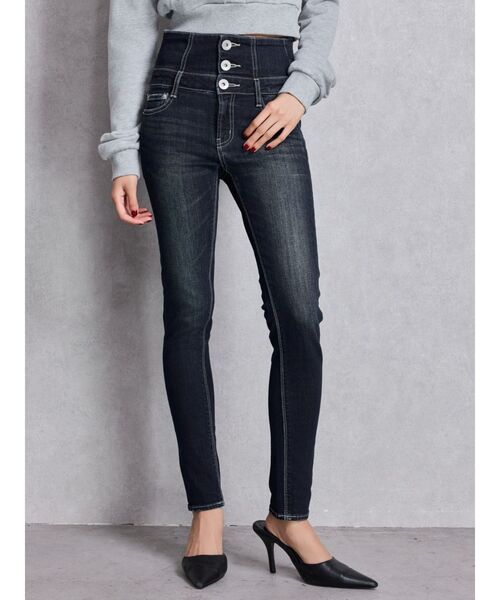GYDA（ジェイダ）の「ハイウエストウエストクロススキニーデニムパンツ（デニムパンツ・レディース・ブラック/ライトブルー/インディゴブルー・X-SMALL/SMALL/MEDIUM/LARGE）」の6枚目の写真