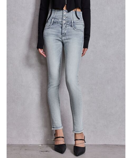 GYDA（ジェイダ）の「ハイウエストウエストクロススキニーデニムパンツ（デニムパンツ・レディース・ブラック/ライトブルー/インディゴブルー・X-SMALL/SMALL/MEDIUM/LARGE）」の4枚目の写真