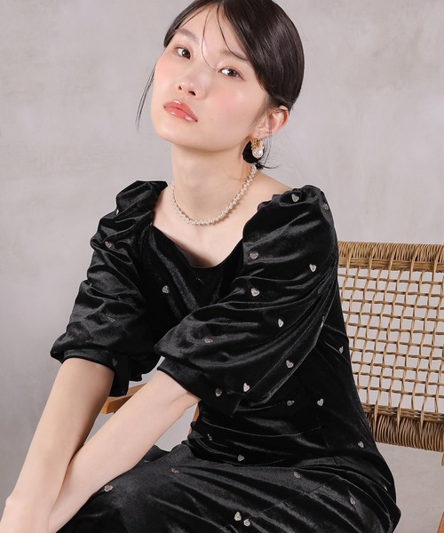 Kana（カナ）の「ハート刺繍 ベロア ウエストタック デザイン ワンピース ドレス 結婚式 お呼ばれ オケージョン デイリー（ドレス・レディース・ブラウン/ブラック・M）」の9枚目の写真