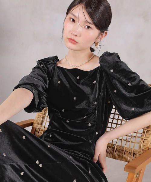 Kana（カナ）の「ハート刺繍 ベロア ウエストタック デザイン ワンピース ドレス 結婚式 お呼ばれ オケージョン デイリー（ドレス・レディース・ブラウン/ブラック・M）」の10枚目の写真
