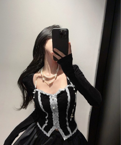 【新品タグ付き】Soft sheerランダムRIBコルセットトップス♡新色モーヴ セール】フロントレースジップコルセット風トップス（2色展開）（T