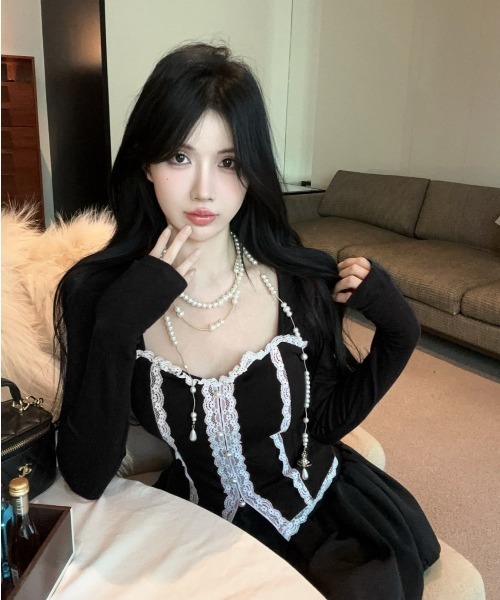 セール】フロントレースジップコルセット風トップス（2色展開）（T