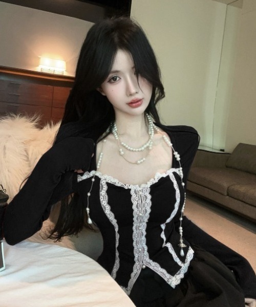 セール】フロントレースジップコルセット風トップス（2色展開）（T