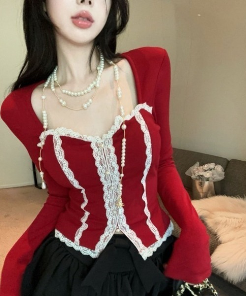 セール】フロントレースジップコルセット風トップス（2色展開）（T