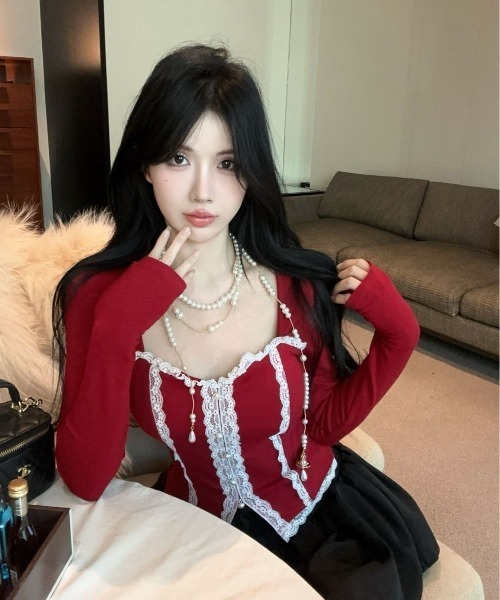 フロントレースジップコルセット風トップス（2色展開）（Tシャツ