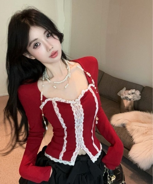 セール】フロントレースジップコルセット風トップス（2色展開）（T