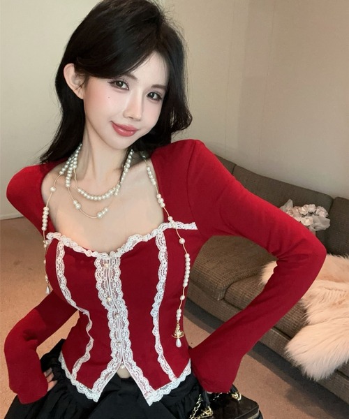 【希少】【新品タグ付き】 d.i.a. コルセット風シフォンベアトップス フロントレースジップコルセット風トップス（2色展開）（Tシャツ