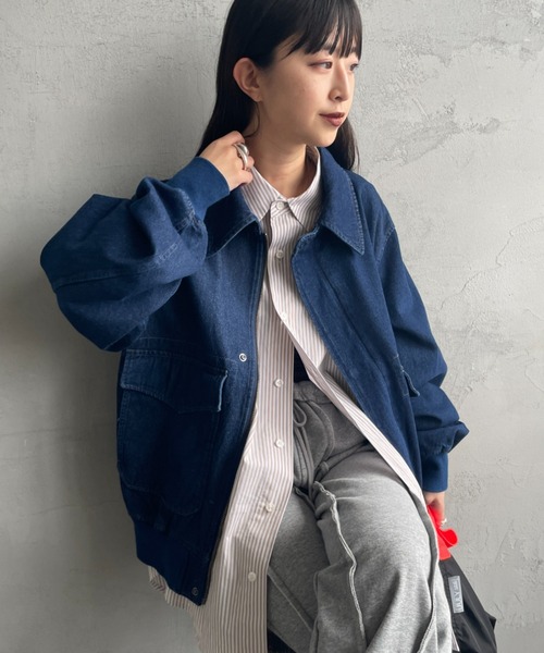 ARMY TWILL（アーミーツイル）の「[ARMY TWILL/アーミーツイル] 別注 デニム A-2フライトジャケット（ブルゾン・レディース・ブラック/ネイビー・L/M/S）」の14枚目の写真