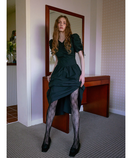 Front Tuck Shirring Dress, Black