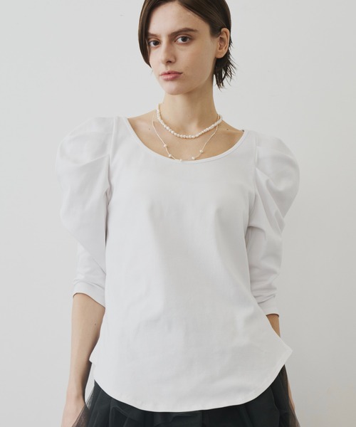 LA BELLE ETUDE（ラベルエチュード）の「ギャザーパフショートスリーブカットソー（Tシャツ/カットソー・レディース・ライトブルー/ブラック/ピンク/ホワイト・FREE）」の2枚目の写真